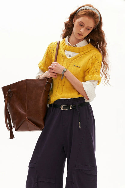 Puff Sleeve Hollow Out Knit Top