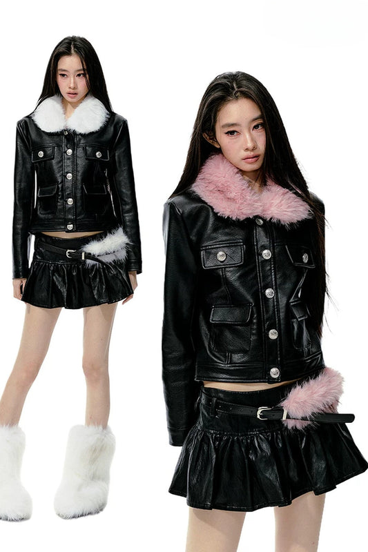 Detachable Fur Collar Leather Jacket and Ruched Leather Skirt Set