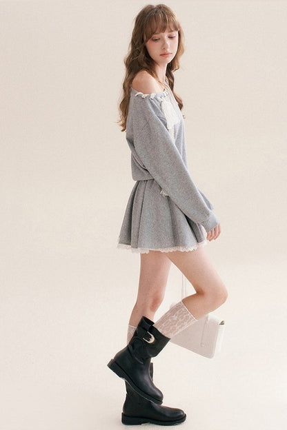 Off-Shoulder Lace Ribbon Pullover Dress