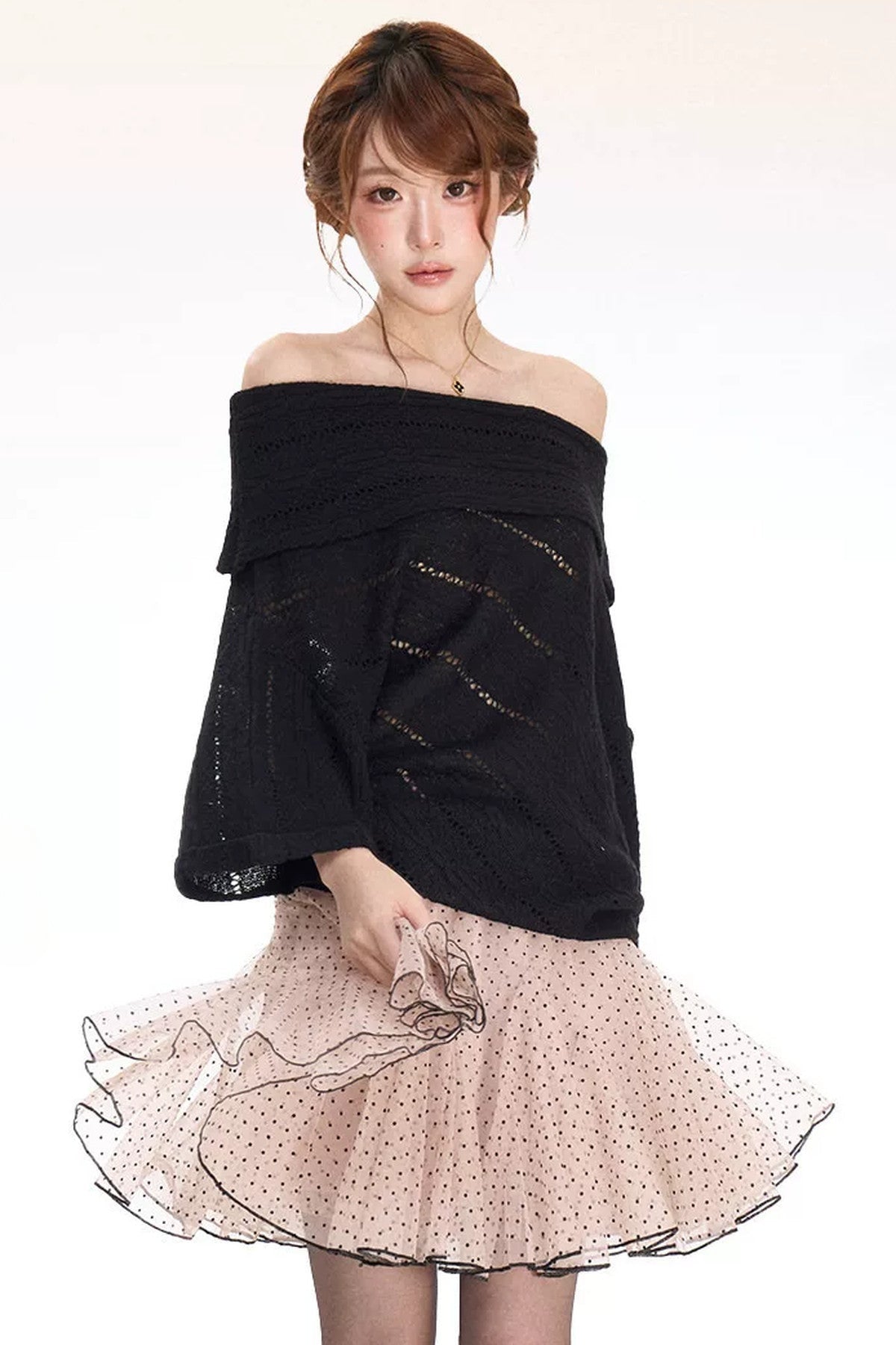 Hollow-Out Knit Top and Satin Bodycon Skirt Set-Up