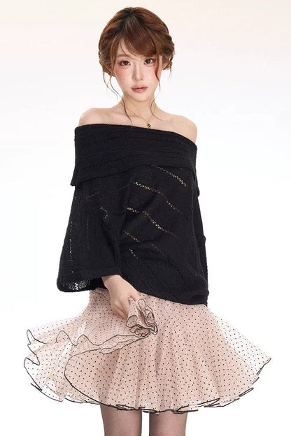 Hollow-Out Knit Top and Satin Bodycon Skirt Set-Up