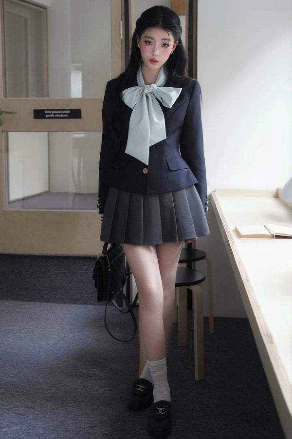 Metal Button Short Blazer Pleated Skirt and Shirt Set-Up