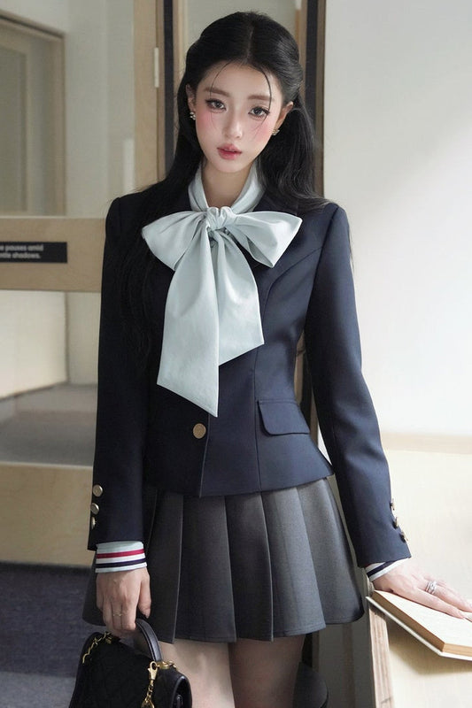 Metal Button Short Blazer Pleated Skirt and Shirt Set-Up