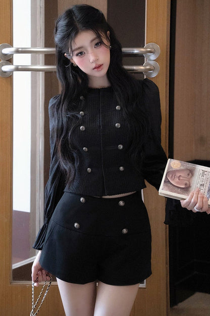 Double-Breasted Puff Sleeve Short Top