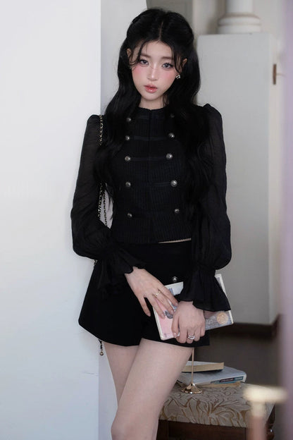 Double-Breasted Puff Sleeve Short Top
