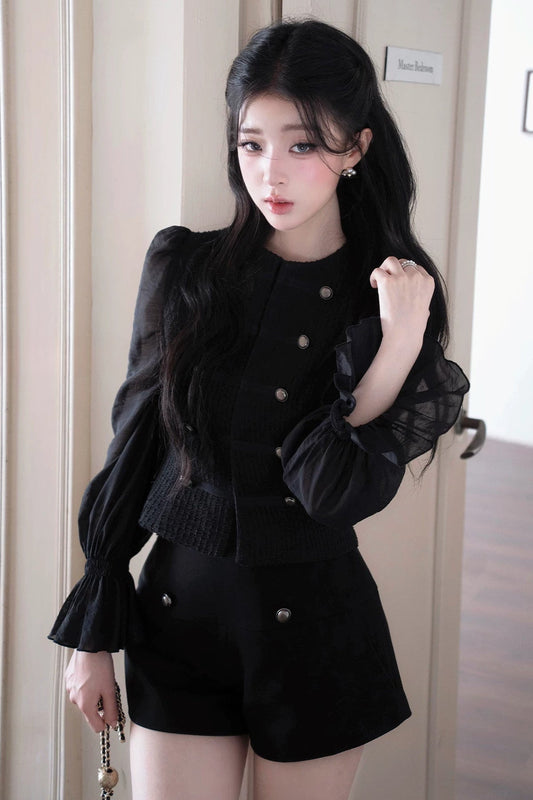 Double-Breasted Puff Sleeve Short Top