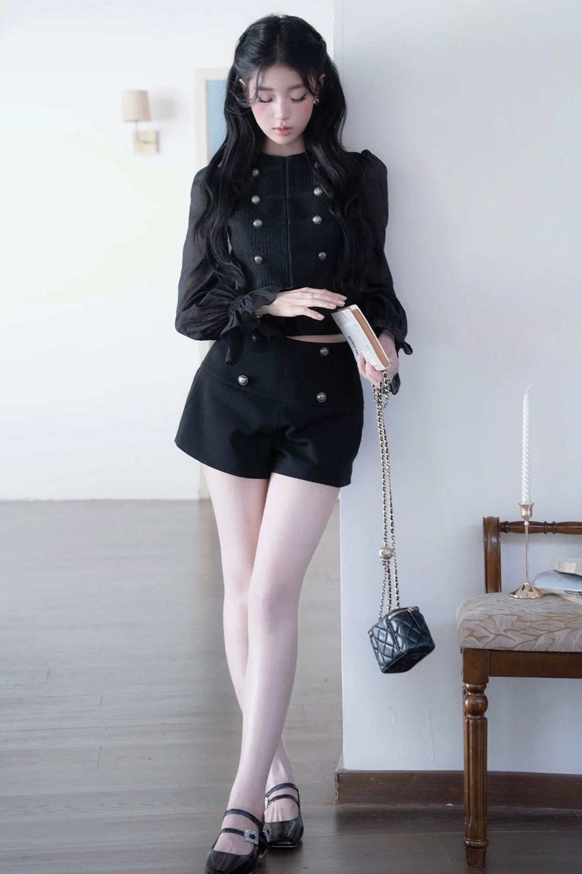 Double-Breasted Puff Sleeve Short Top