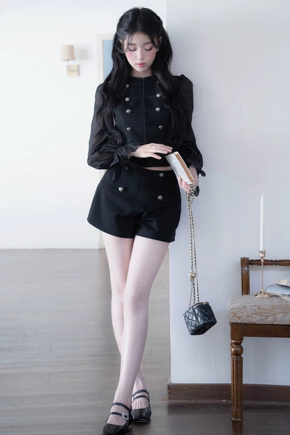 Double-Breasted Puff Sleeve Short Top