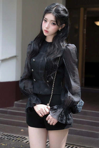 Double-Breasted Puff Sleeve Short Top