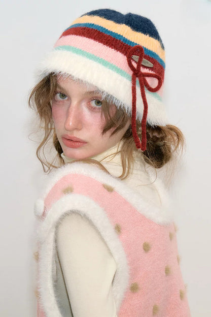 Color-Block Striped Bow Pot Hat
