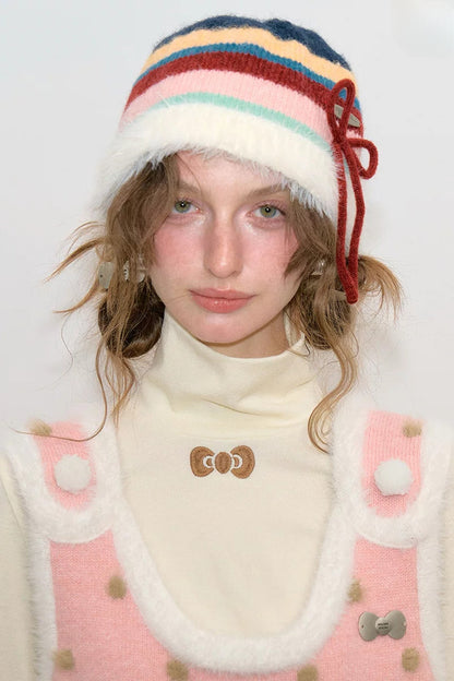 Color-Block Striped Bow Pot Hat