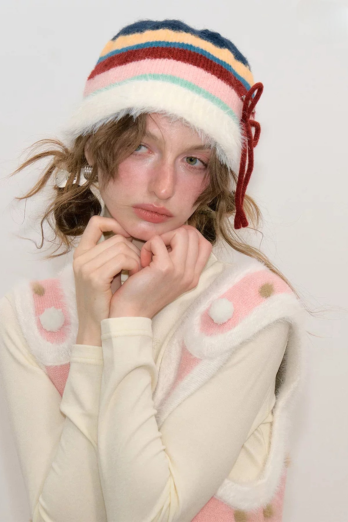 Color-Block Striped Bow Pot Hat