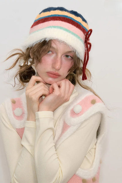 Color-Block Striped Bow Pot Hat