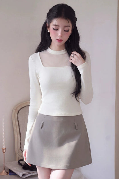 Mesh Spliced Long Sleeve Knit Top