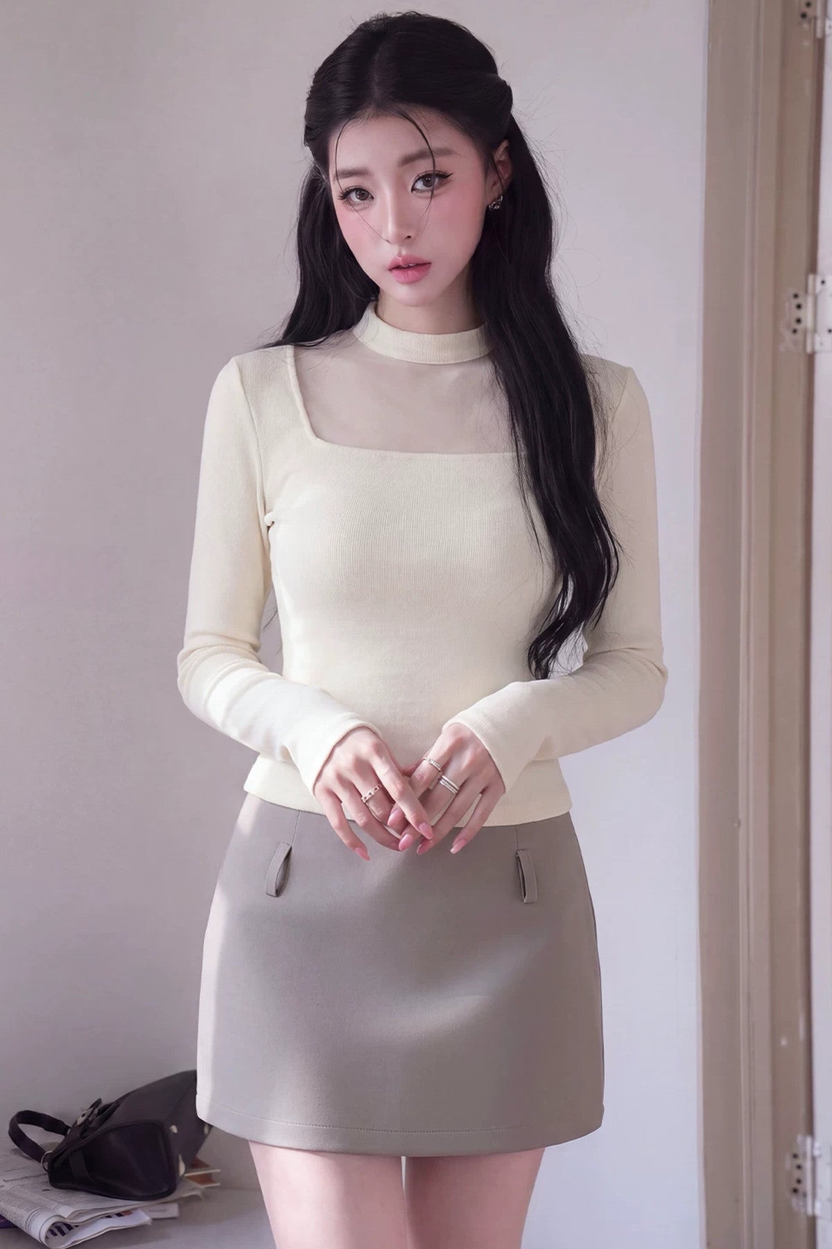 Mesh Spliced Long Sleeve Knit Top