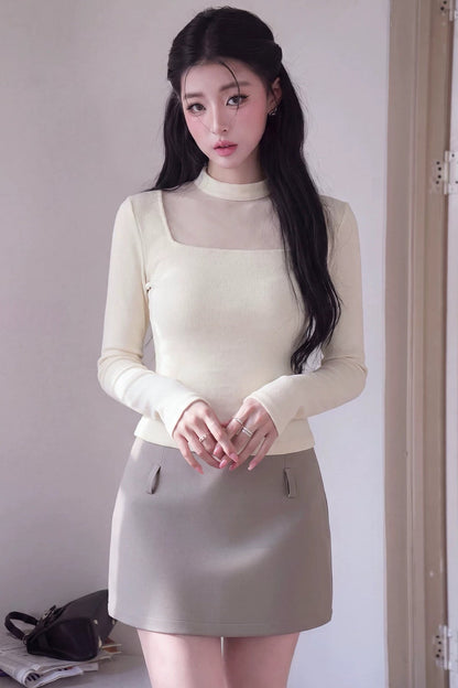 Mesh Spliced Long Sleeve Knit Top