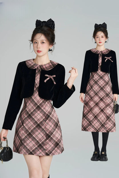 Layered-Look A-Line Plaid Dress