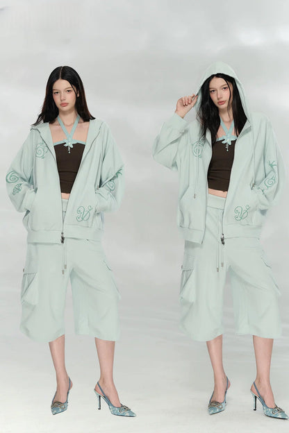 Waffle Knit Print Sweatshirt and Pants Set-Up