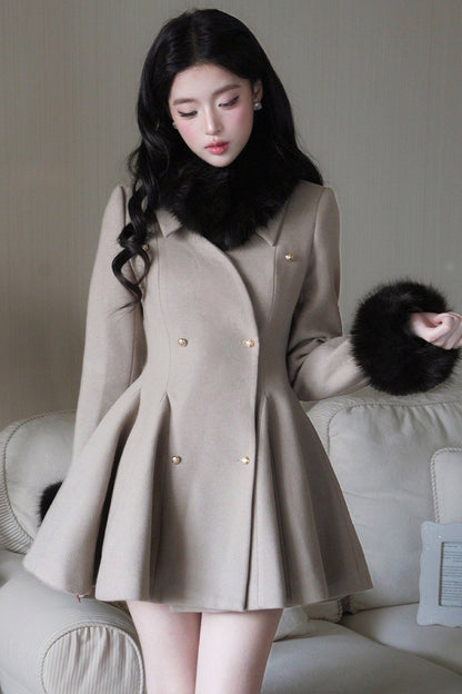 Detachable Fur Collar Double-Breasted Wool Jacket