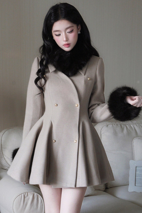Detachable Fur Collar Double-Breasted Wool Jacket