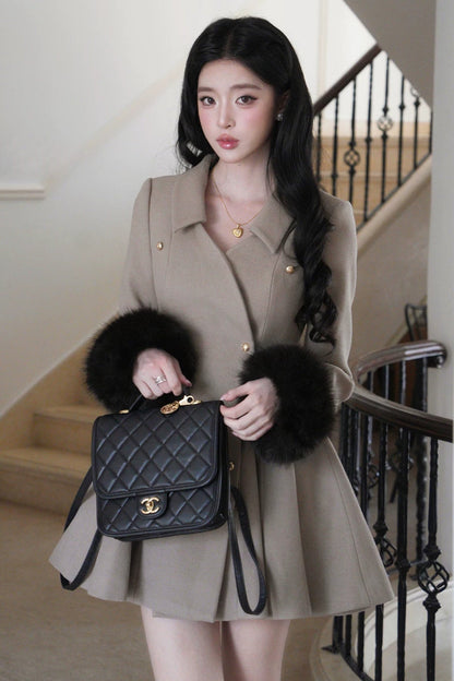 Detachable Fur Collar Double-Breasted Wool Jacket