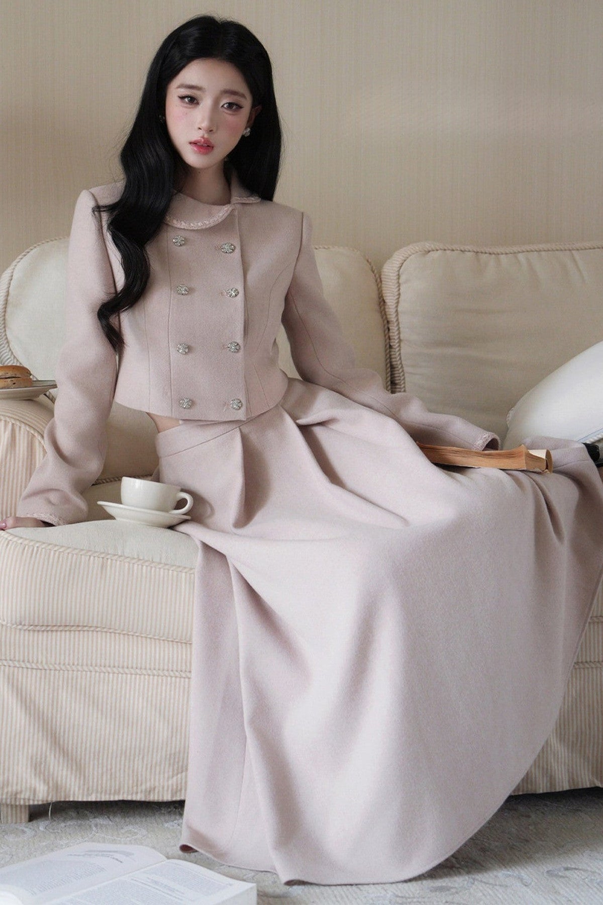 Hepburn Poster Double-Breasted Top and Long Skirt Set-Up