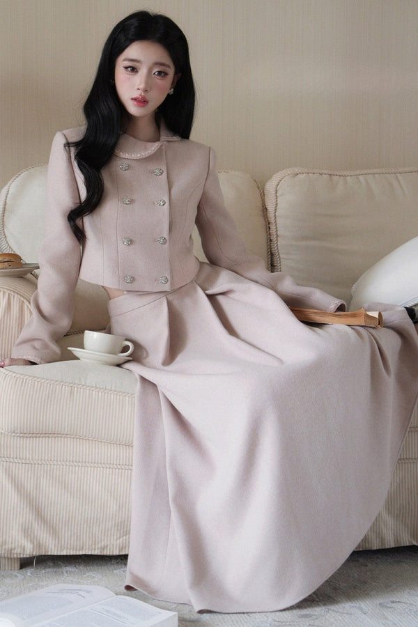 Hepburn Poster Double-Breasted Top and Long Skirt Set-Up
