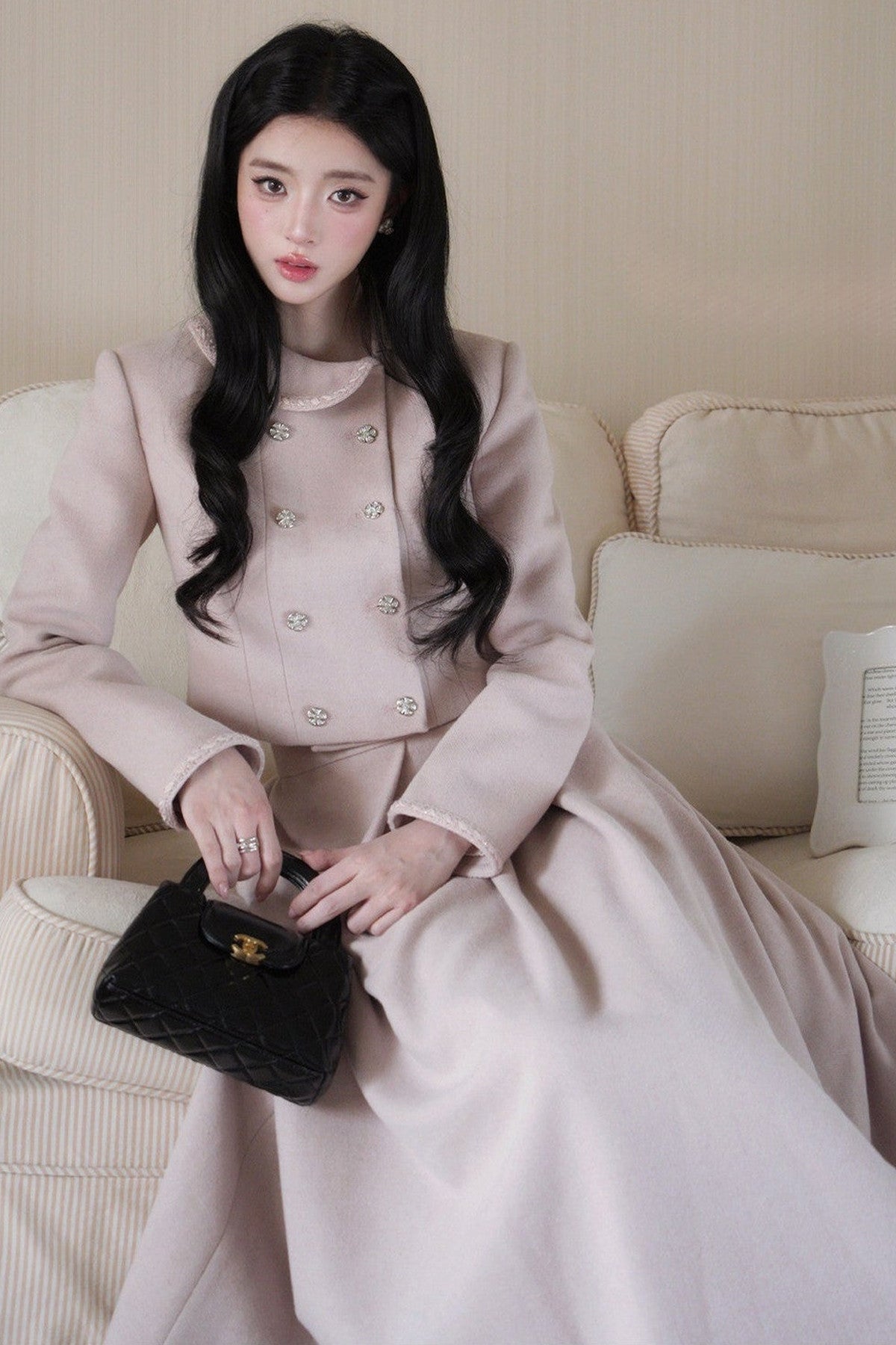Hepburn Poster Double-Breasted Top and Long Skirt Set-Up