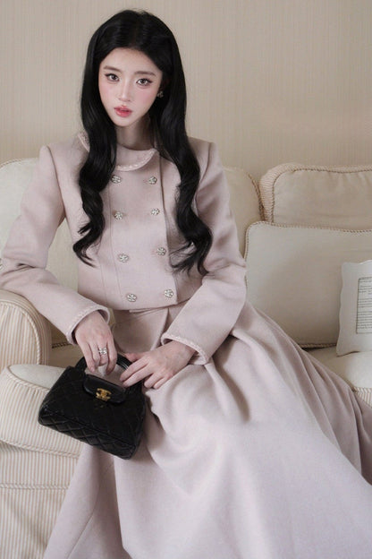 Hepburn Poster Double-Breasted Top and Long Skirt Set-Up