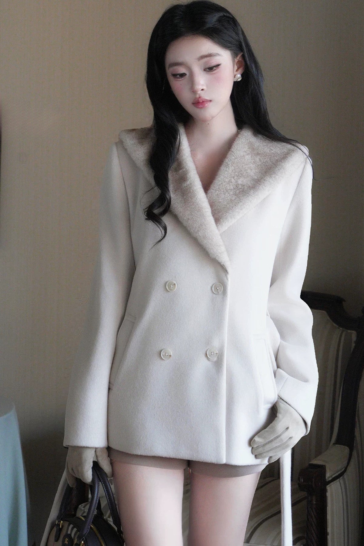 Mink Fur Collar Double-Breasted Short Jacket