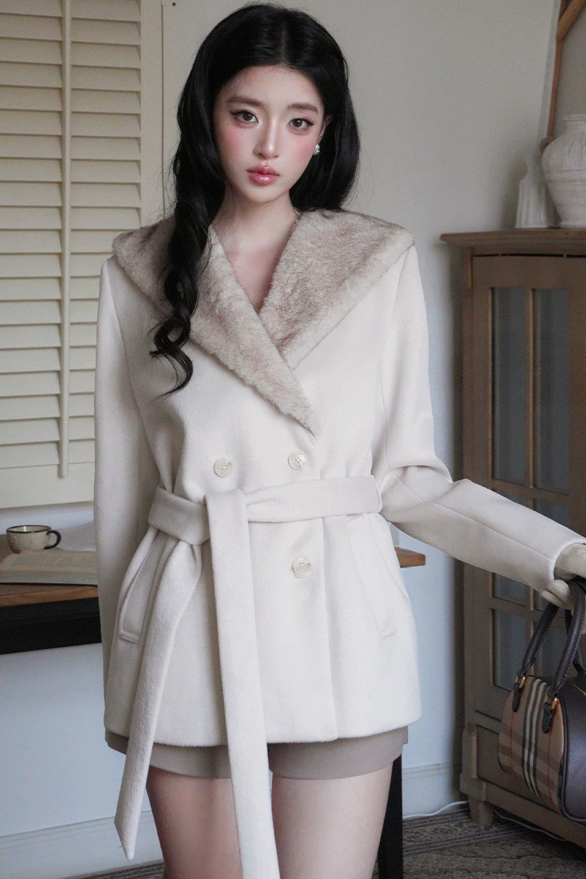 Mink Fur Collar Double-Breasted Short Jacket