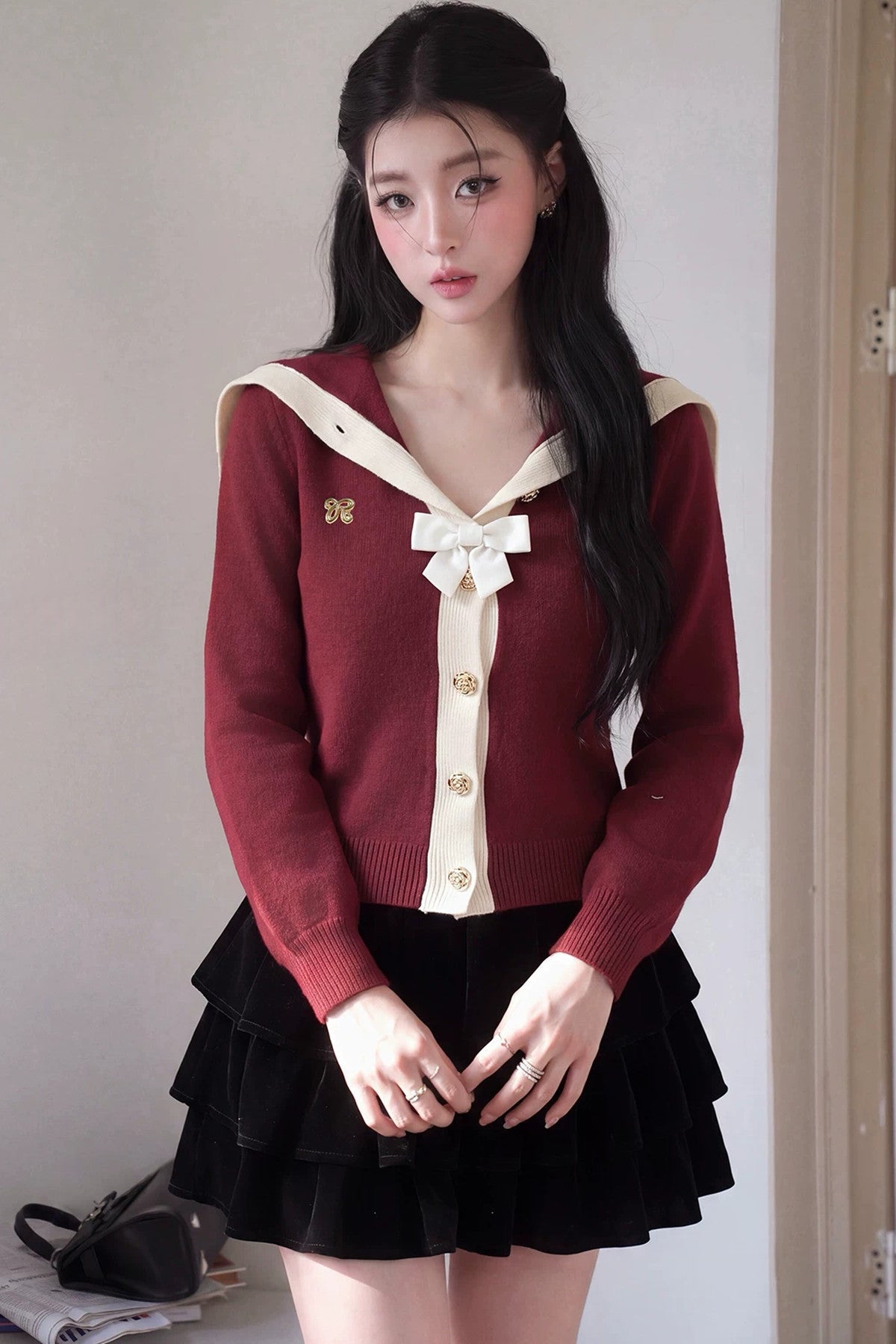 Long-Sleeved Navy Collar Bow Single-Breasted Knit Cardigan