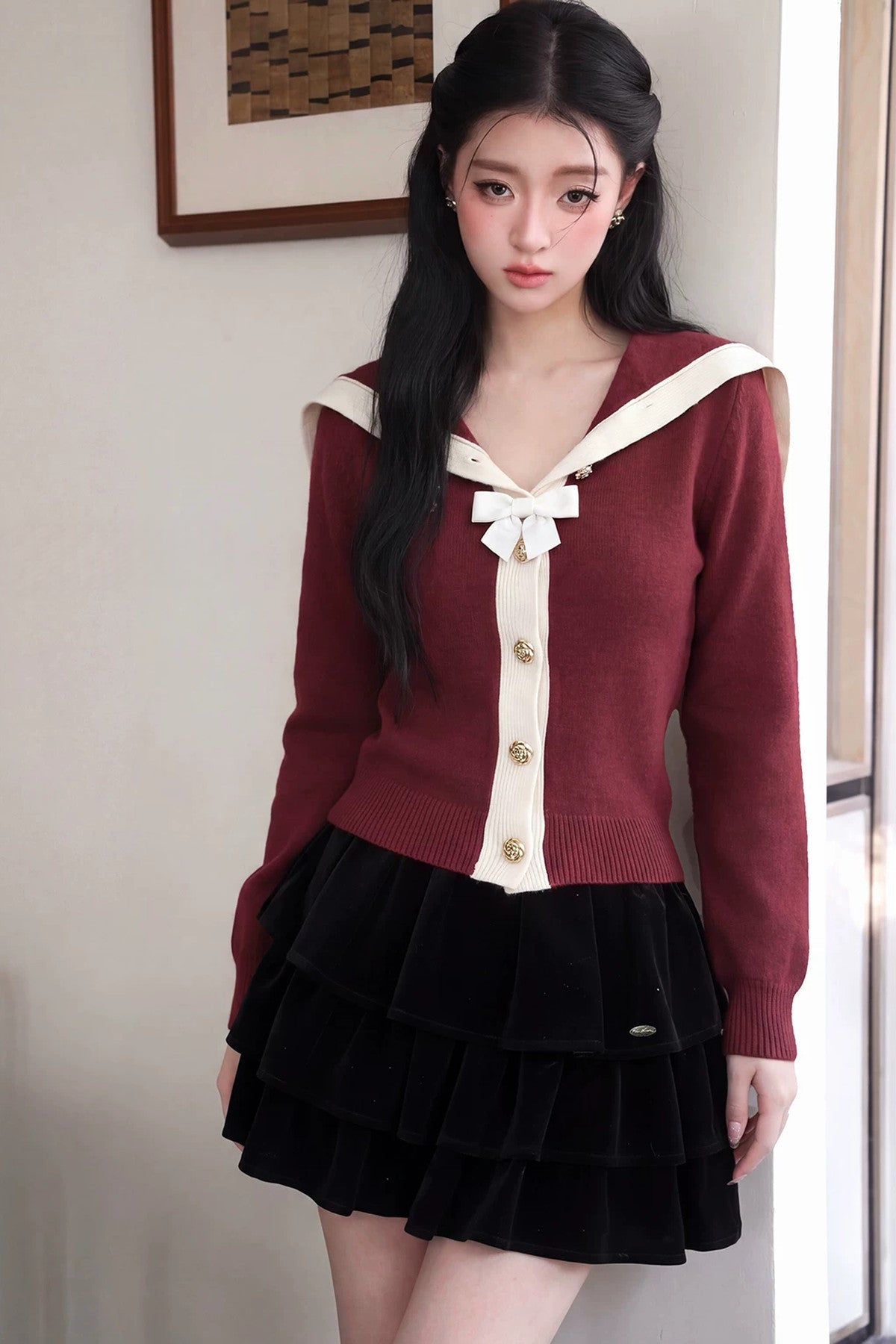 Long-Sleeved Navy Collar Bow Single-Breasted Knit Cardigan