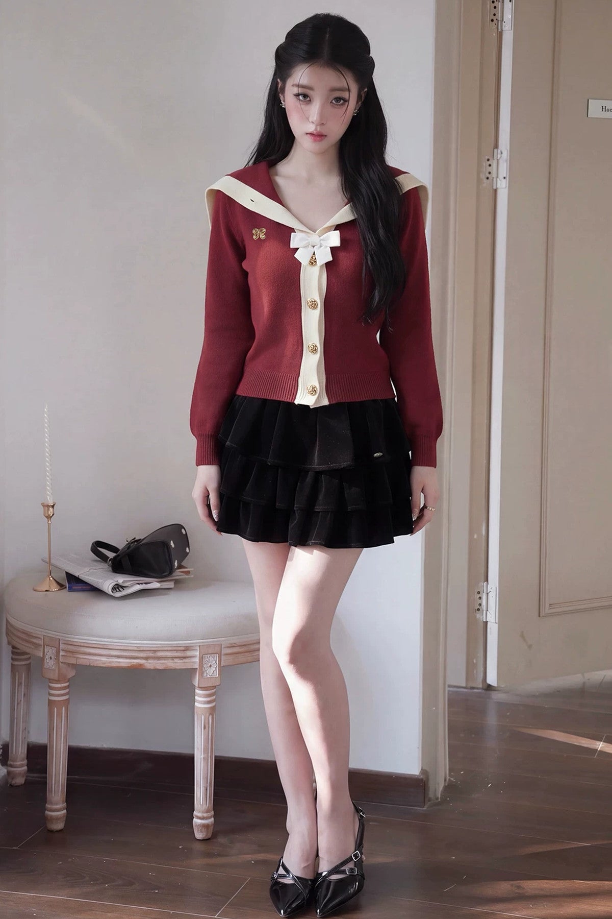 Long-Sleeved Navy Collar Bow Single-Breasted Knit Cardigan