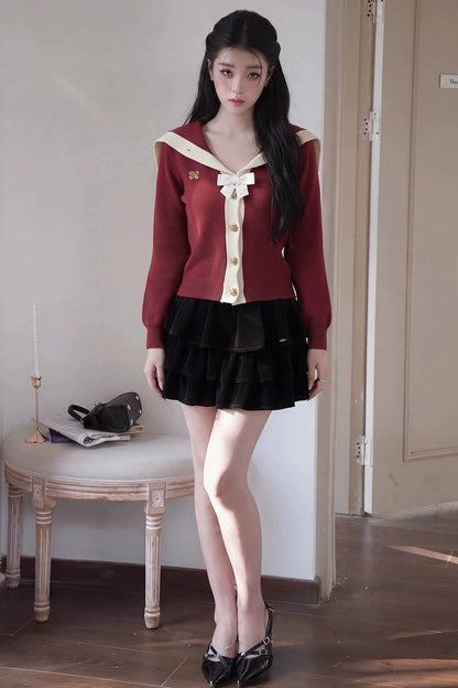 Long-Sleeved Navy Collar Bow Single-Breasted Knit Cardigan
