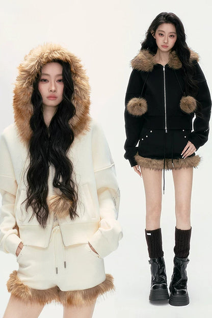 Studded Embroidered Detachable Fur Collar Sweatshirt And Shorts Set-Up