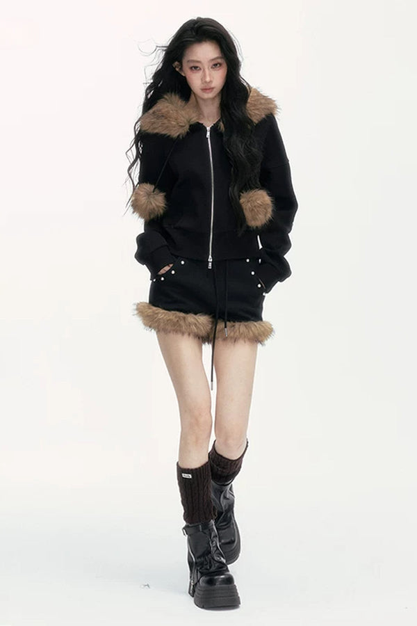 Studded Embroidered Detachable Fur Collar Sweatshirt And Shorts Set-Up