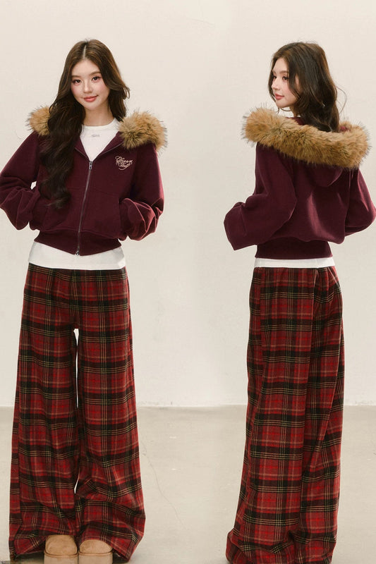 Red Fleece-Lined Hoodie and Pants Set-Up