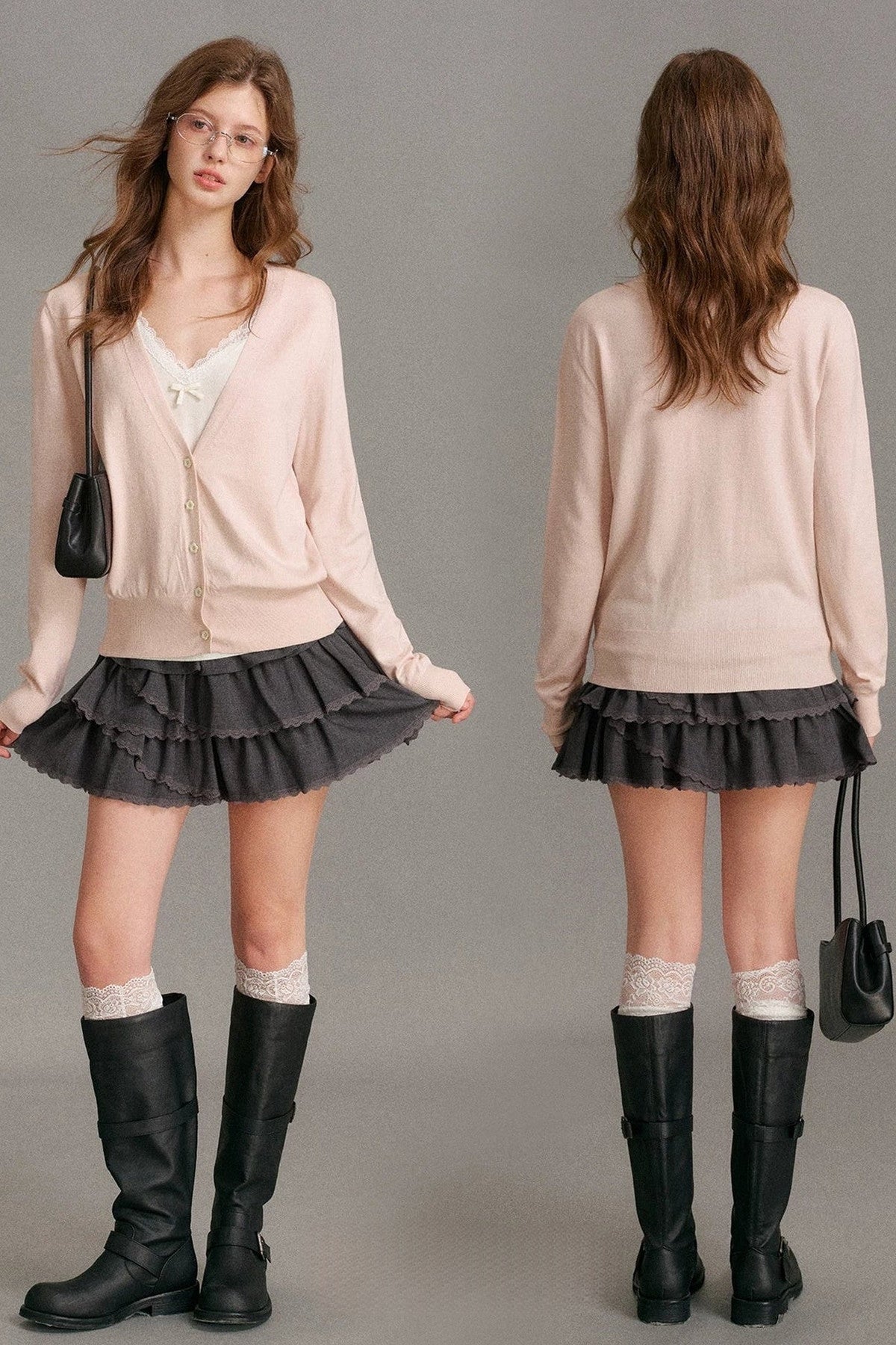 Long-Sleeve V-Neck Lace Trim Patchwork Knit Cardigan