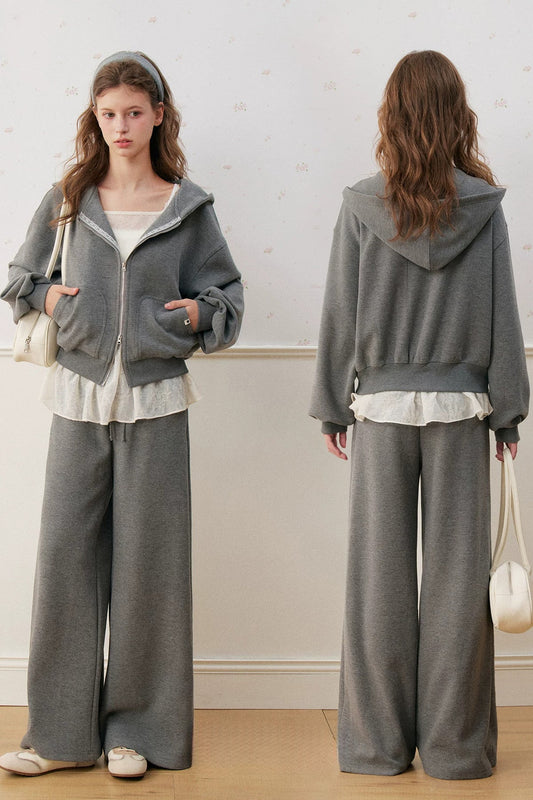 Lace Trim Double Zipper Hooded Jacket and Drawstring Pants Set-Up