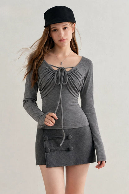 Lyocell Cotton Wool Long-Sleeve Drawstring Knit Top