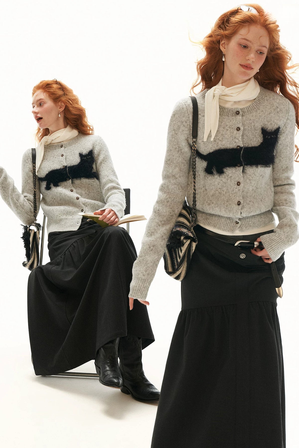 Cat Jacquard Button Knit Cardigan