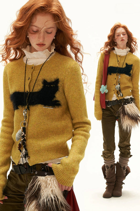 Cat Jacquard Button Knit Cardigan