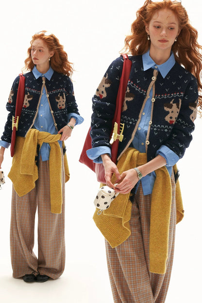 Cardigan ampio a maglia con motivo Fair Isle e mucca