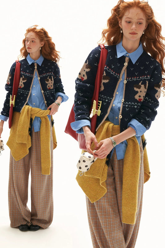 Loose Fair Isle Cow Knit Cardigan