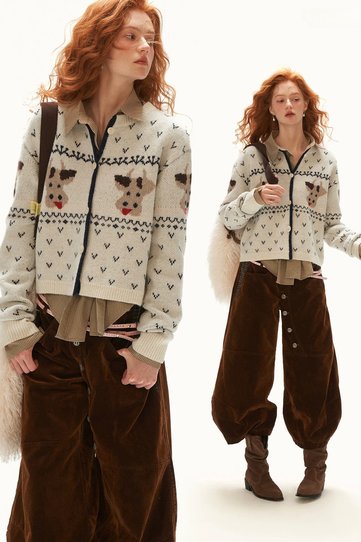 Cardigan ampio a maglia con motivo Fair Isle e mucca