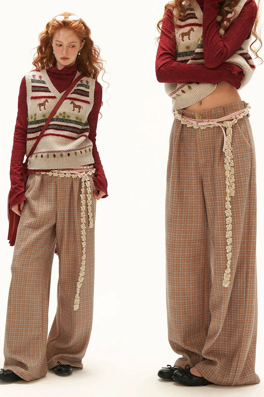 Retro Plaid Woolen Wide-Leg Pants