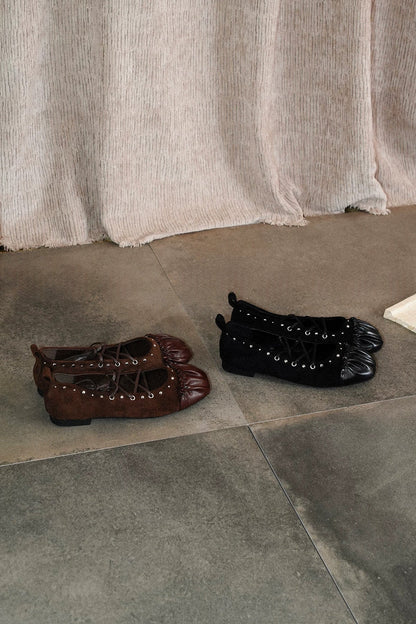 Leather Rivet Lace-Up Ballet Shoes
