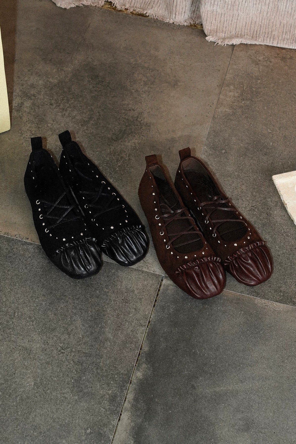 Leather Rivet Lace-Up Ballet Shoes