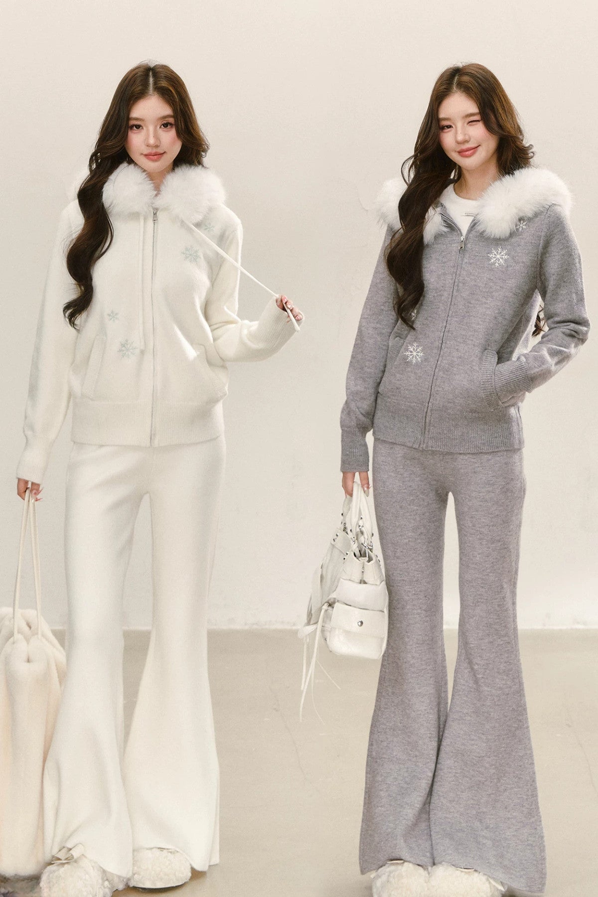 Ensemble haut en maille à flocons avec capuche et col en fourrure
